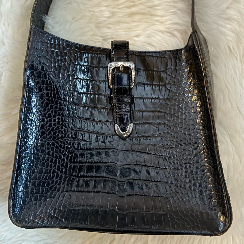 Ralph Lauren Black Croc-Embossed Leather Shoulder Bag with Silver Buckle